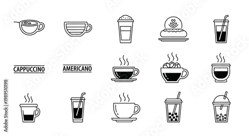 A collection of minimalist black and white line art icons depicting various hot and cold coffee and tea beverages in different cups and glasses.