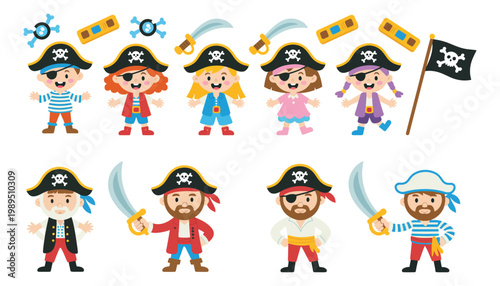 Cute Pirate Character Vector Set – Kids and Captain Cartoon Adventure Collection