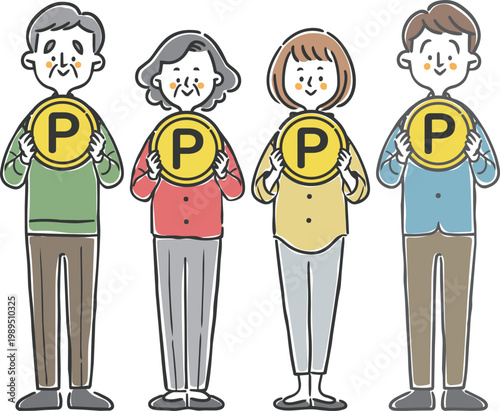 ポイントのコインを持つ家族二世代　全身　ベクター