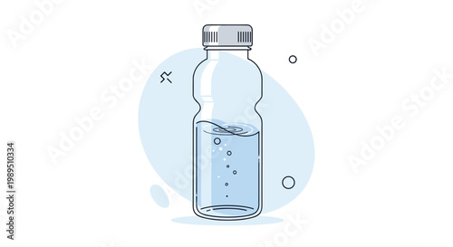 Transparent plastic water bottle with a silver cap and air bubbles inside against a light blue circular background shape.