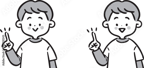 指差しをする男の子　上半身　ベクター（モノクロ）
