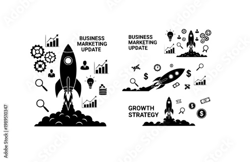 Business Marketing Update and Growth Strategy Banner. Black Vector Silhouette of Rocket Launching with Gears and Data Icons.