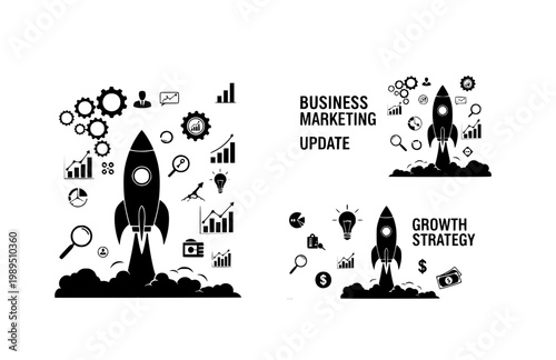 Business Marketing Update and Growth Strategy Banner. Black Vector Silhouette of Rocket Launching with Gears and Data Icons.