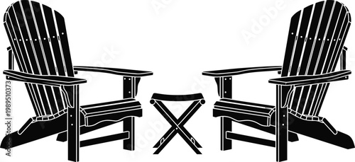 Adirondack chairs vector illustration set, wooden outdoor seating with small table, classic patio garden furniture silhouette isolated on background