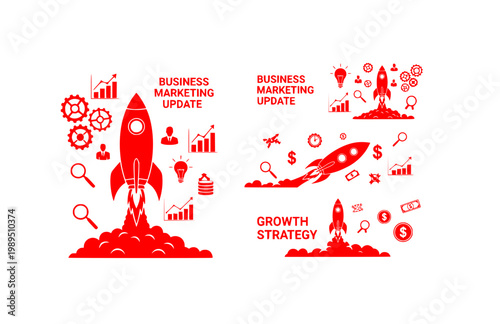 Business Marketing Update and Growth Strategy Banner. Black Vector Silhouette of Rocket Launching with Gears and Data Icons.