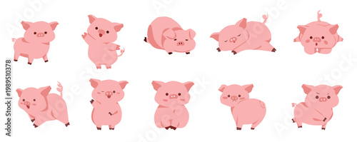 Acute cartoon pig illustration set featuring the pig. Set of watercolor pig illustrations featuring cute pink piglets in varied hand-painted styles. Cute pig cartoon character set vector illustration.