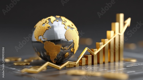 Golden globe with world map and rising bar chart symbolizing global growth and financial success in business markets