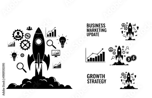 Business Marketing Update and Growth Strategy Banner. Black Vector Silhouette of Rocket Launching with Gears and Data Icons.