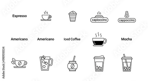 A collection of minimalist line art icons representing various coffee beverages like espresso, americano, iced coffee, cappuccino, and mocha, suitable for menus or web design.