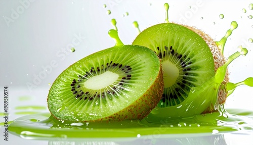 Fresh green kiwi fruit sliced with water splash on white background