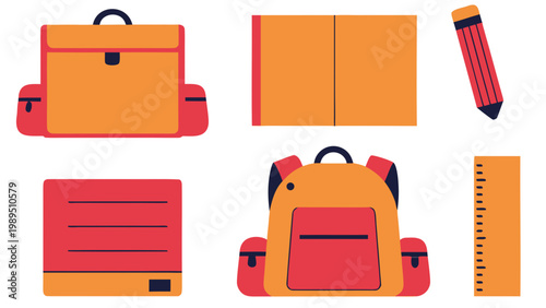 Flat design school supplies including backpacks, ruler, and pencil on white background.