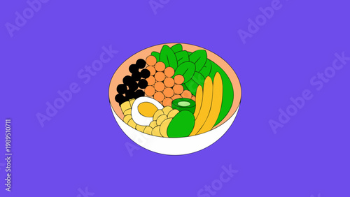Colorful flat design illustration of a bowl filled with fresh vegetables and fruits.