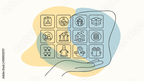 Quadro em tela Flat design icons of home services arranged in a speech bubble on a hand