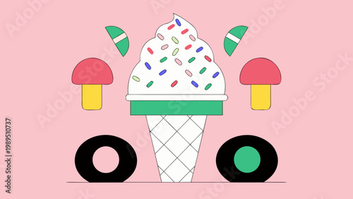 Flat design ice cream cone with wheels and colorful mushrooms on pink background.