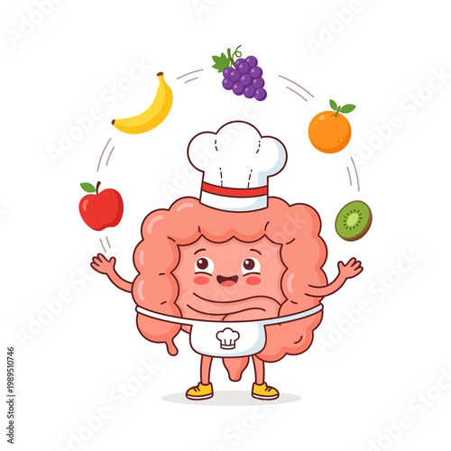 A cartoon brain character wearing a chef's hat juggles various fruits in a playful kitchen scene with food and fruit.
