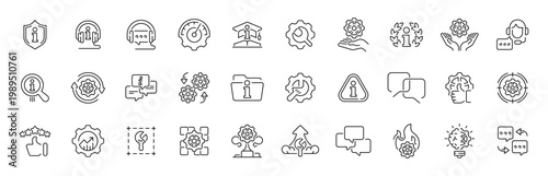 Customer support and engagement outline icon set. editable stroke thin line design of support tools, user communication, service efficiency