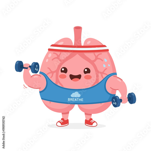 A smiling brain character wearing a blue vest and exercising with dumbbells.