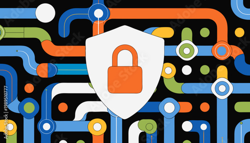 Cybersecurity shield icon integrated into a network of interconnected digital pathways.