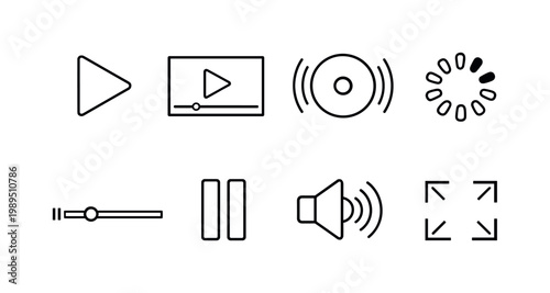 Streaming media: play button, video player screen, live stream icon, buffering circle, progress bar, pause button, volume speaker, fullscreen icon.