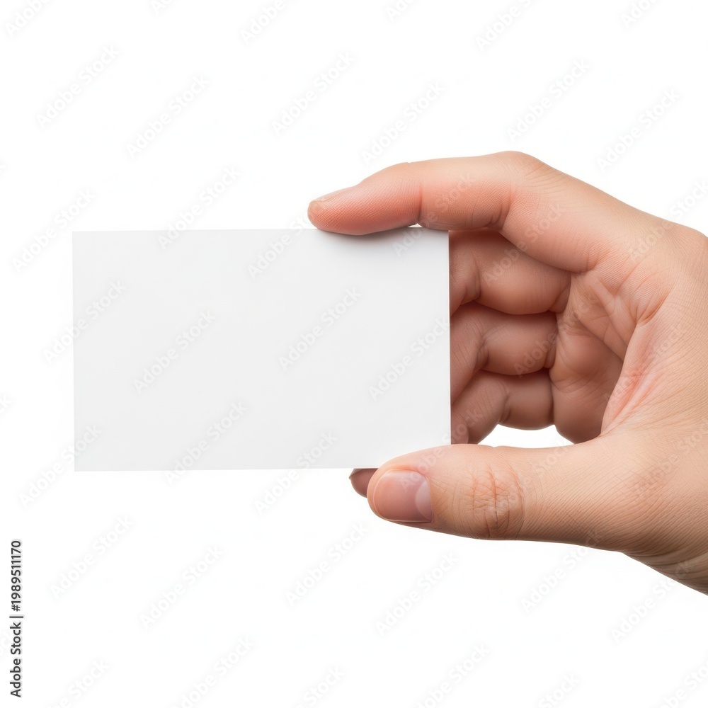Obraz premium A hand holding a blank white business card isolated on a clean and simple white background surface