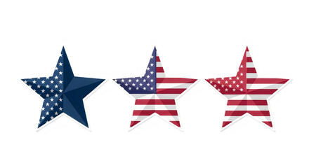 Three stylized 3D American flags with stars and stripes waving isolated on transparent background