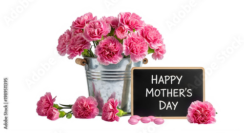 Pink carnation flowers in tin bucket with happy mother's day chalkboard sign isolated on transparent background