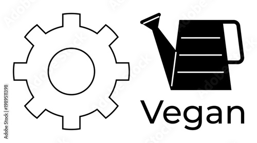 Sustainable living, eco-consciousness, gardening tools, vegan lifestyle, environmental care, resource conservation. Minimalist gear and watering can symbols next to vegan text. Sustainable living