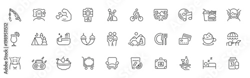 Lifestyle line icons set with thin line style. editable stroke for leisure, travel, and relaxation concepts