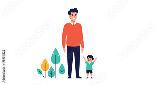 Tall man in a red sweater standing next to a small happy boy in a green shirt with his arms raised up in a garden setting.