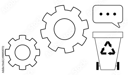 Sustainability, waste management, recycling, eco-friendly processes, efficient operations, and resource conservation. Gears process and recycling bin with speech bubble. Recycling and sustainability