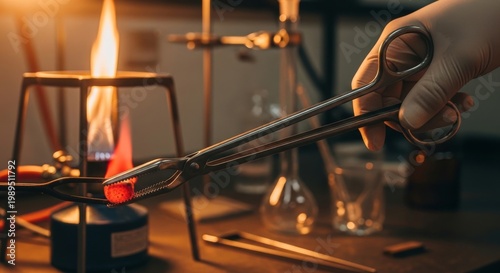 Hand holding tongs heating glowing metal in laboratory