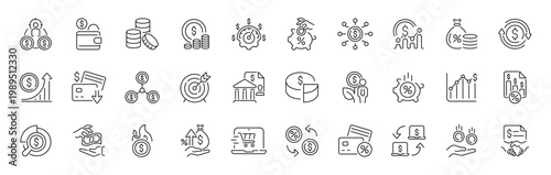 Financial and business outline icon set in editable stroke style for modern thin line appearance