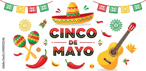 Cinco de mayo celebration with sombrero maracas guitar and chili peppers mexican holiday 1
