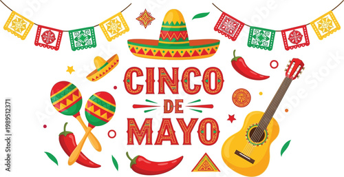 Cinco de mayo celebration with sombrero maracas guitar and chili peppers mexican holiday
