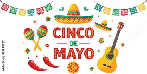 Cinco de mayo celebration with sombrero maracas guitar chili peppers and papel picado banners mexican