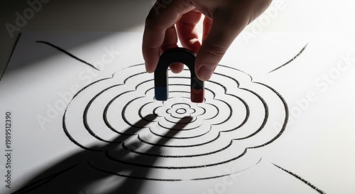 Hand Holds Horseshoe Magnet Attracting Iron Filings