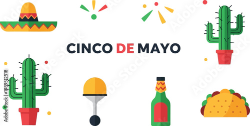 Cinco de mayo flat sombrero cactus bottle taco maraca mexican holiday celebration