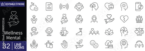 Mental wellness icons set. Includes symbols of mindfulness, mental health, therapy, stress relief, meditation, and emotional balance. Editable stroke. Vector illustration. Outline icons.