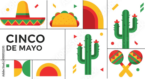 Cinco de mayo with sombrero taco cactus and maracas mexico mexican holiday celebration