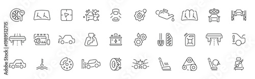 Automotive linear icon set with editable stroke for car maintenance and repair in thin line style