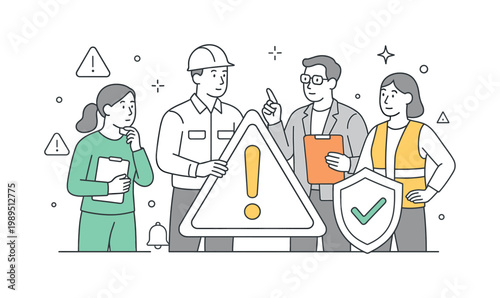 Team identifying and managing operational risks within a business or industrial context to maintain safety standards, represented through a metaphor of a central warning