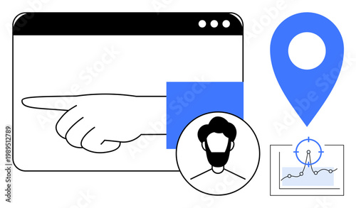 Location tracking, user data visualization, direction navigation, online identity, geolocation services, user interface concept. Web interface with hand, locator icon and graph. Geolocation and user