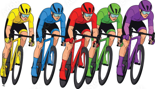 Five cyclists in colorful racing jerseys and helmets compete on bicycles cycling race competition sport