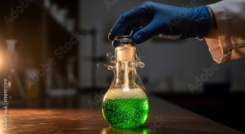 Hand Places Stopper on Flask of Green Bubbling Liquid