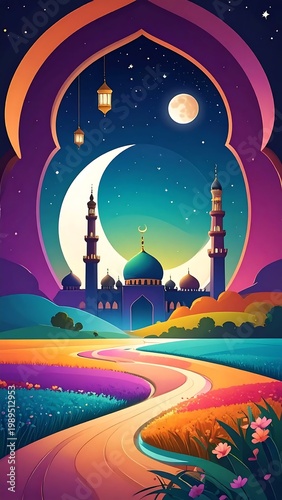 Colorful Islamic Mosque Illustration With Large Crescent Moon And Hanging Lanterns In A Vibrant Starry Night Landscape Background