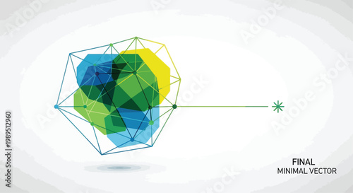 Geometric abstract structure with blue green and yellow polygons connected by thin lines network