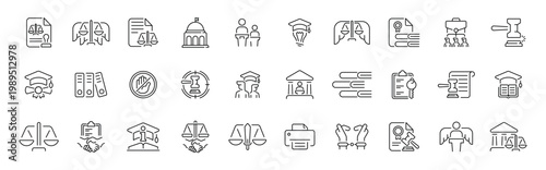 Legal and justice outline icon set: editable stroke thin line court law symbols