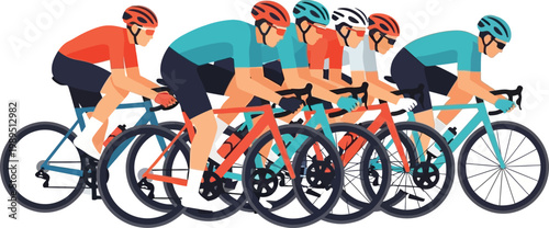 Group of cyclists in a race wearing orange blue and white cycling gear athletes