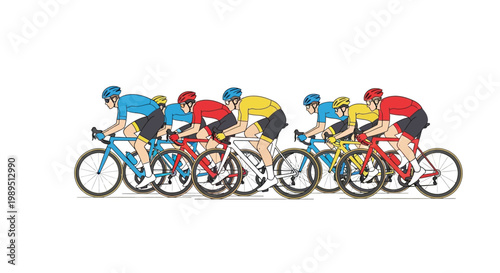 Group of cyclists in blue red and yellow racing jerseys on bicycles cycling race sport competition