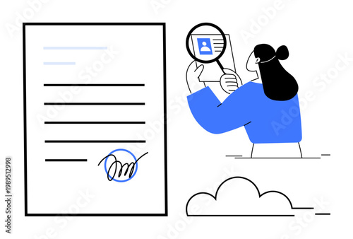 Identity verification. A woman examines a user profile under a magnifying glass beside a signed document. Identity verification ensures authenticity in digital records. For security, HR, compliance